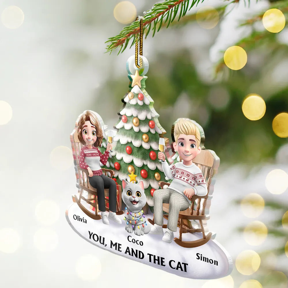 Christmas, Cat Lovers, Cat Couple Happy - You & Me And The Cats 3D Effect Couple Sitting - Personalized Custom Shaped Acrylic Ornament