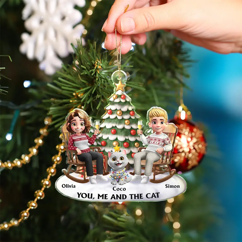 Christmas, Cat Lovers, Cat Couple Happy - You & Me And The Cats 3D Effect Couple Sitting - Personalized Custom Shaped Acrylic Ornament