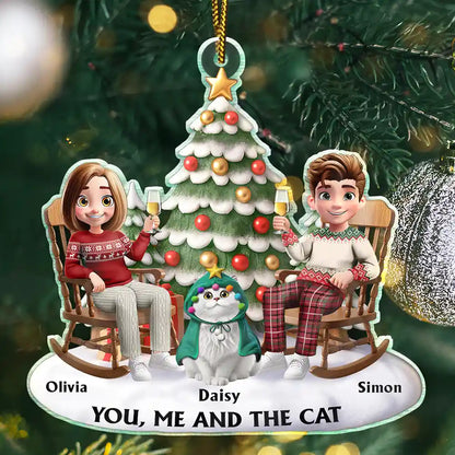 Christmas, Cat Lovers, Cat Couple Happy - You & Me And The Cats 3D Effect Couple Sitting - Personalized Custom Shaped Acrylic Ornament
