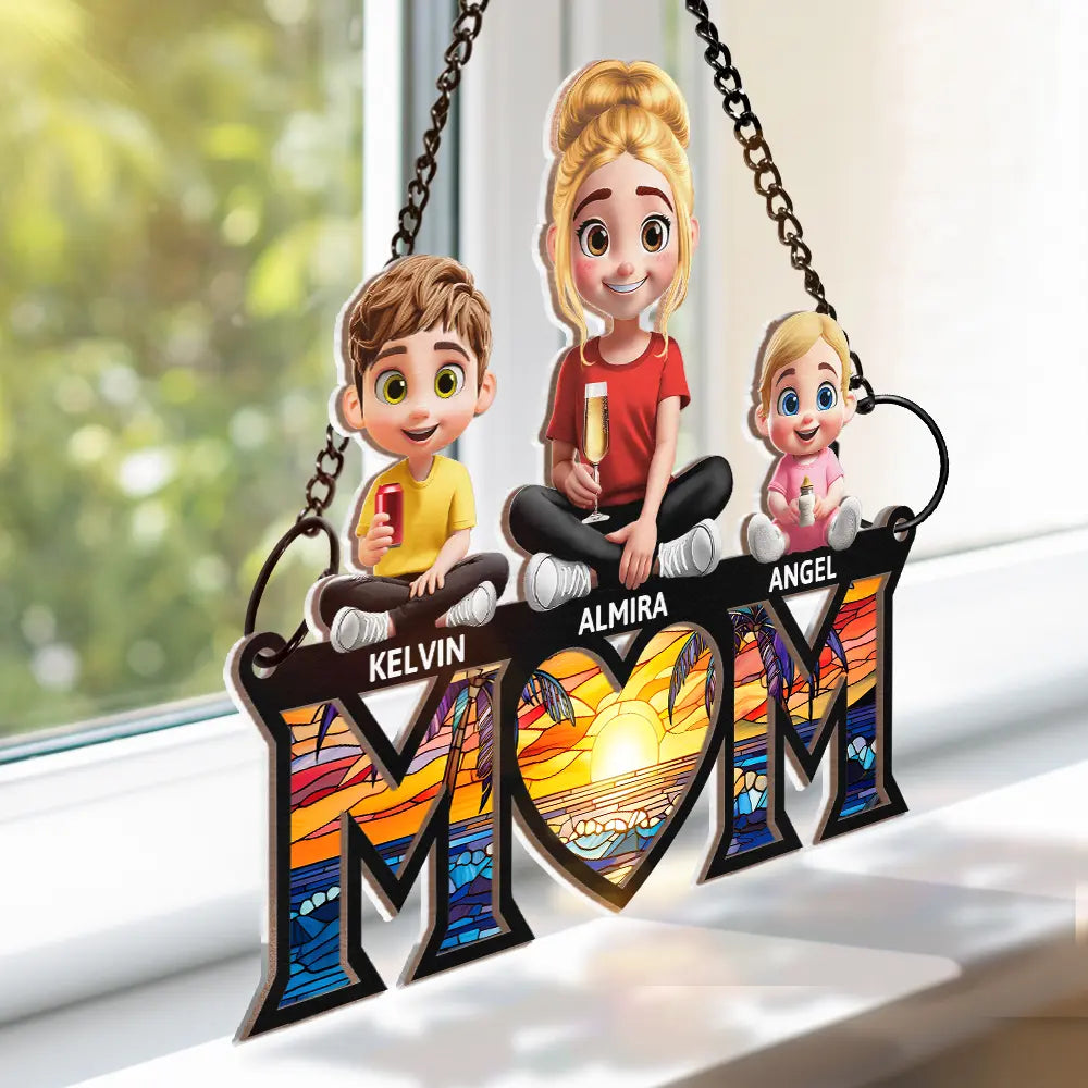 Gift For Mother,Love - Young Mother Daughter Son We Love You Mom 3D Cartoon - Personalized Window Hanging Suncatcher Ornament