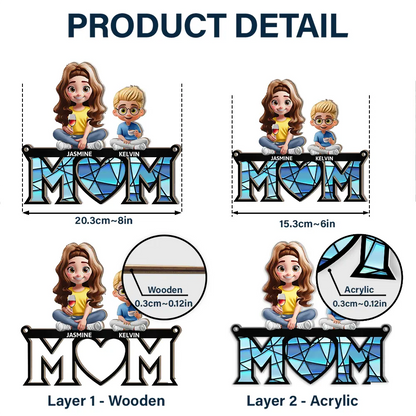 Gift For Mother,Love - Young Mother Daughter Son We Love You Mom 3D Cartoon - Personalized Window Hanging Suncatcher Ornament