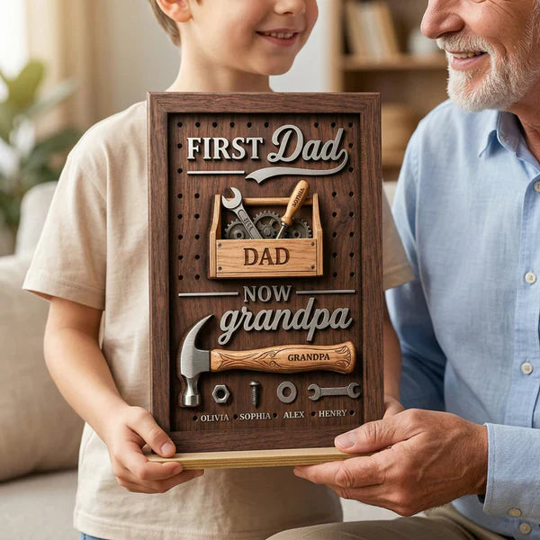 2-Layer Wooden Plaque Personalized First Dad Now Grandpa Tool Box Gift for Dad, Unique Grandpa Keepsake