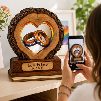 Personalized 2-Layer Wooden Plaque with Rainbow Rings, Unique Gift for LGBTQ Couple Anniversary
