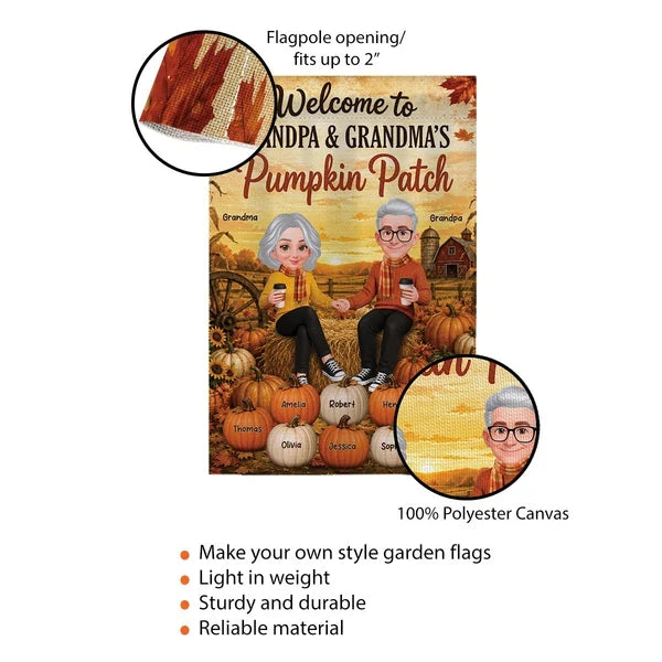 Grandparents Holding Hands in a Pumpkin Patch Garden Flag, Personalized Family Welcome, Creative Fall Gift