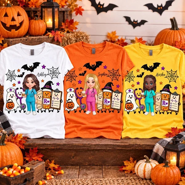 Classic Tee with Personalized Halloween Nurse Holding Coffee, Playful Medical Art, Creative Gift for a Nurse