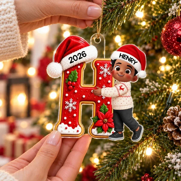 Acrylic Ornament with Joyful Girl Hugging a Letter, Personalized Christmas Keepsake, Creative Gift for Granddaughter
