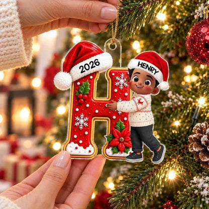 Acrylic Ornament with Joyful Girl Hugging a Letter, Personalized Christmas Keepsake, Creative Gift for Granddaughter