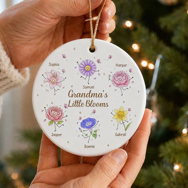Personalized Ceramic Ornament With Grandma's Little Blooms, Smiling Birth Flower Art, Unique Gift For Grandma
