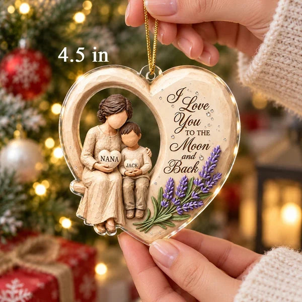 Personalized Acrylic Ornament, Grandma Hugging Granddaughter, Moon and Back Quote, Unique Christmas Gift