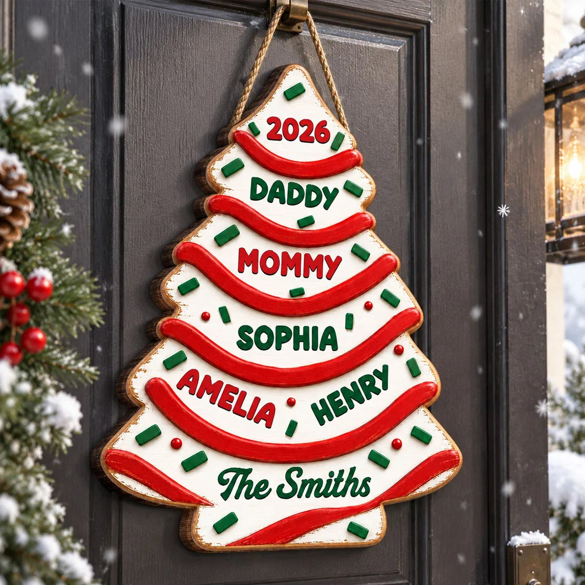 Personalized Family Christmas Tree Cake Wooden Sign, Custom Front Door Decor, Creative Gift for Families