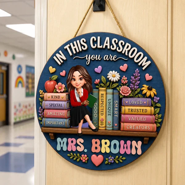 Personalized Wooden Sign With Cartoon Teacher, Books & Flowers, Unique Classroom Gift