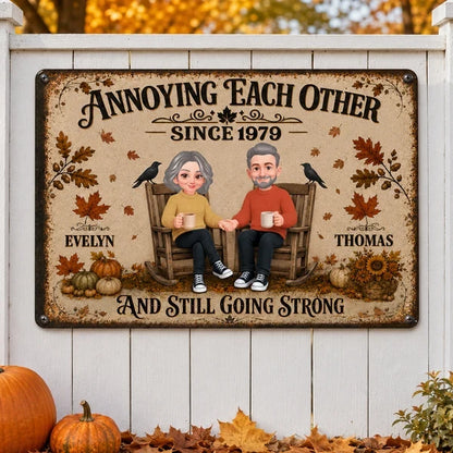 Personalized Rectangular Iron Sign, Retro Couple Holding Hands in Fall, Unique Anniversary Gift for Her or Him