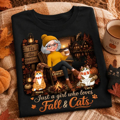 Personalized Classic Tee, Woman With Cats in Cozy Fall Cabin Scene, Unique Gift for Cat Moms