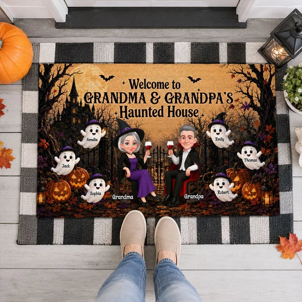 Personalized Standard Doormat, Seated Grandparents in Warm Orange Haunted House, Unique Halloween Gift for Grandparents