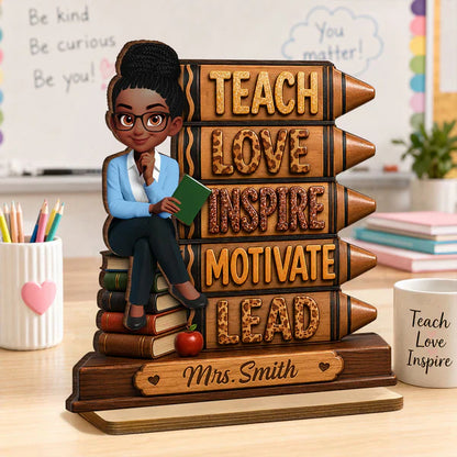 Personalized 2-Layer Wooden Plaque for Teacher, Teach Love Inspire Motivate Lead, Unique Classroom Gift