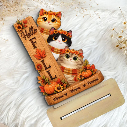 Hello Fall Wooden Plaque, Peeking Cartoon Cats and Autumn Leaves, Personalized Keepsake and Creative Gift for Pet Owners