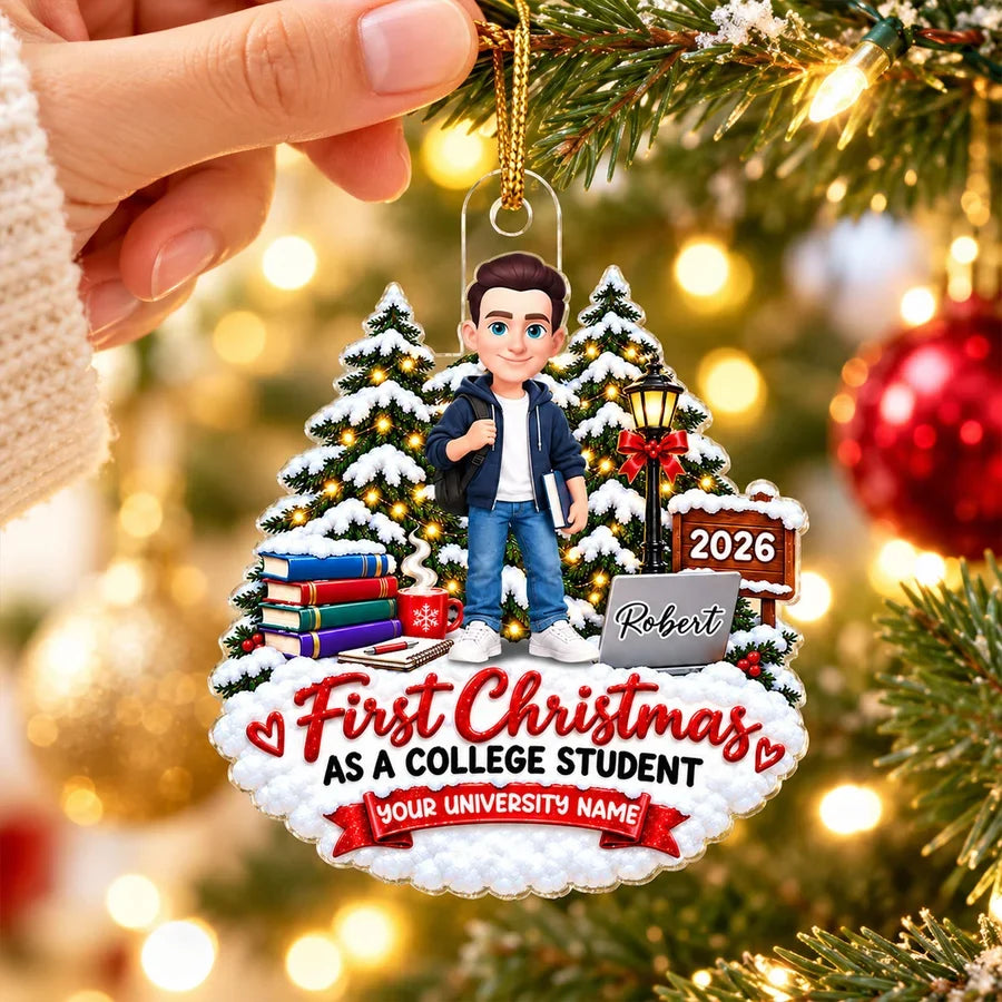 Personalized Acrylic Ornament, College Student Holding Books in a Snowy Christmas Scene, Unique Gift for Daughter