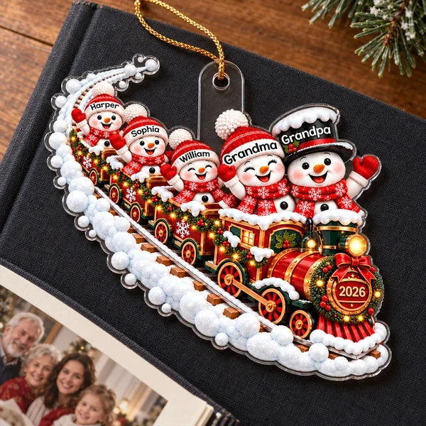 Personalized Acrylic Ornament, Snowman Family Train in Festive Red, Unique Christmas Gift for Grandparents