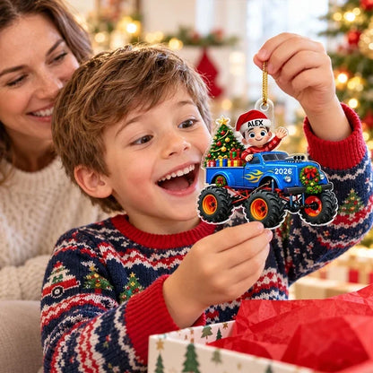 Personalized Acrylic Ornament, Waving Kid in Blue Monster Truck, Colorful Christmas Tree Decor, Unique Gift for Kids