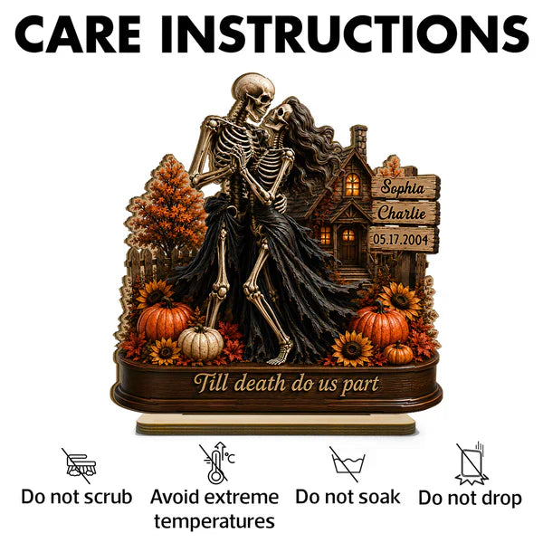 Personalized 2-Layer Wooden Plaque, Fall Skeleton Couple Scene, Unique Halloween Gift for Couple