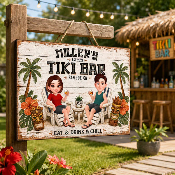 Personalized Tiki Bar Wooden Sign, Cartoon Couple Holding Drinks, Unique Gift For Couples
