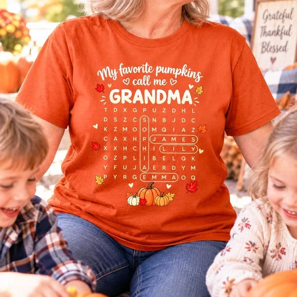 Personalized Classic Tee, Pumpkin Word Search Design, Unique Fall Gift for Grandma