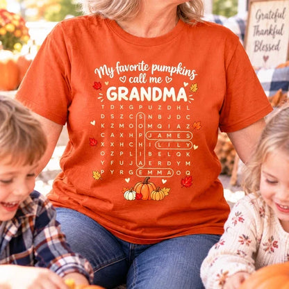 Personalized Classic Tee, Pumpkin Word Search Design, Unique Fall Gift for Grandma