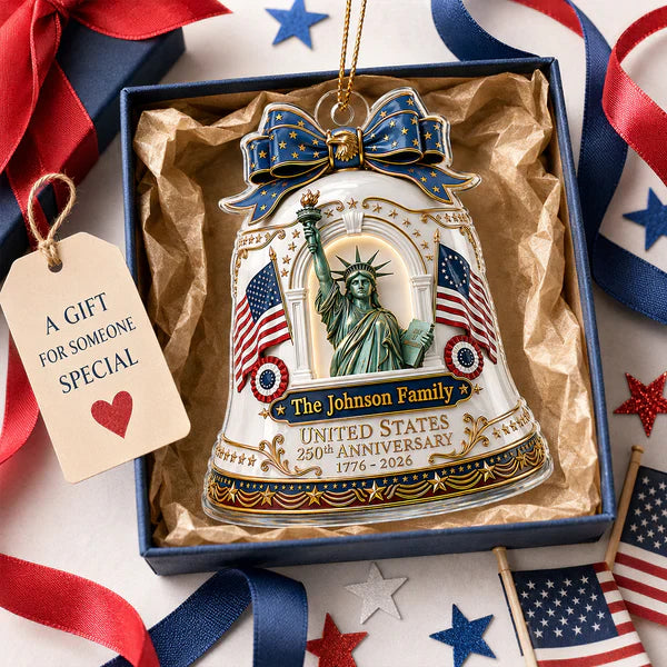 Personalized Acrylic Ornament With Statue of Liberty & Flags, Unique Americana Gift for Family