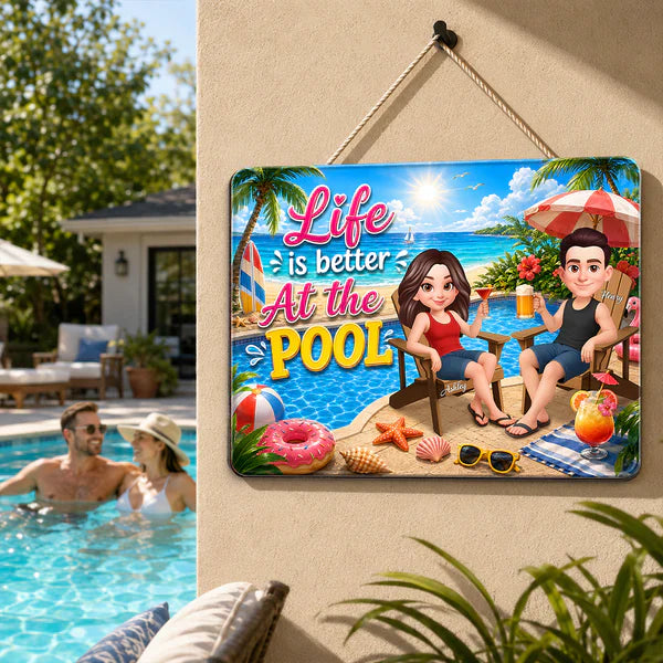 Personalized Wooden Sign, Poolside Couple Raising Drinks, Unique Summer Gift