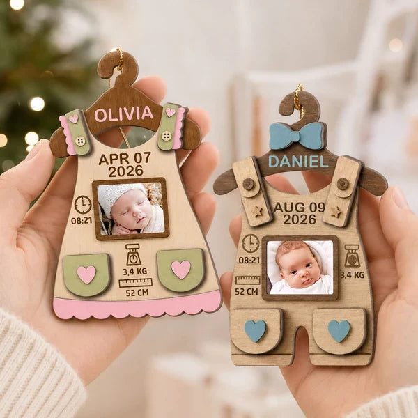 Personalized Baby Birth Stats 2-Layer Wooden Ornament, Outfit Photo Keepsake for Christmas Tree, Unique Gift for Parents