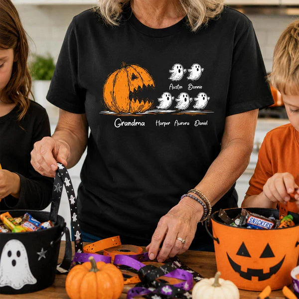 Personalized Grandma Classic Tee, Pumpkin Chasing Ghosts, Unique Halloween Gift for Family