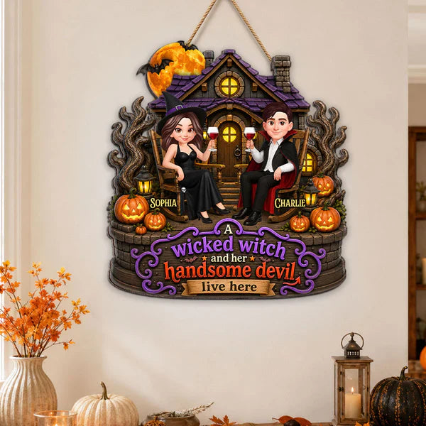 Personalized Wooden Sign, Seated Witch & Devil Haunted House Halloween Decor, Unique Gift For Couple