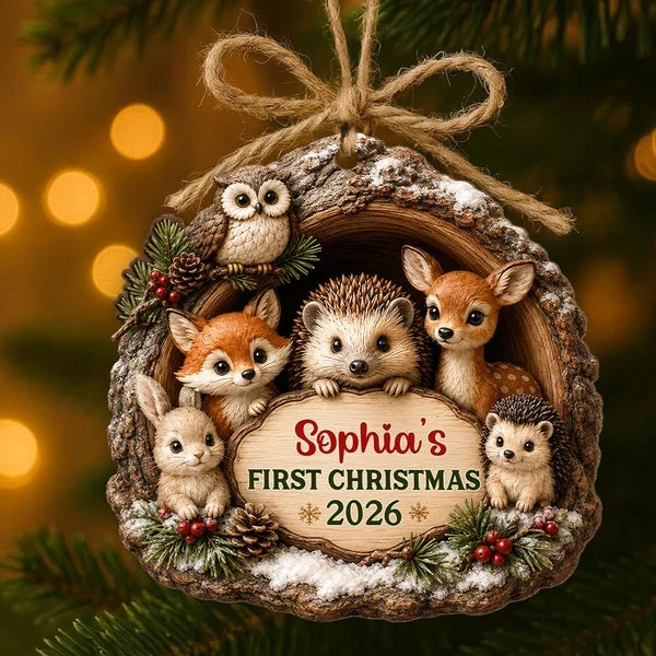 Personalized Wooden Ornament, Woodland Animals in a Snowy Pine Scene, Unique First Christmas Gift for Baby