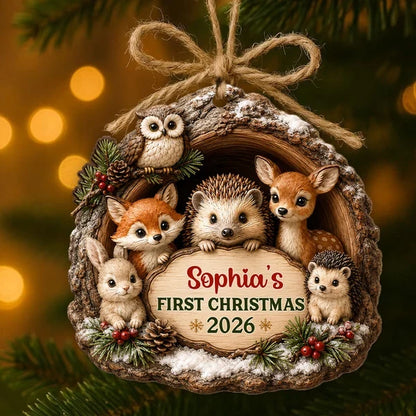 Personalized Wooden Ornament, Woodland Animals in a Snowy Pine Scene, Unique First Christmas Gift for Baby