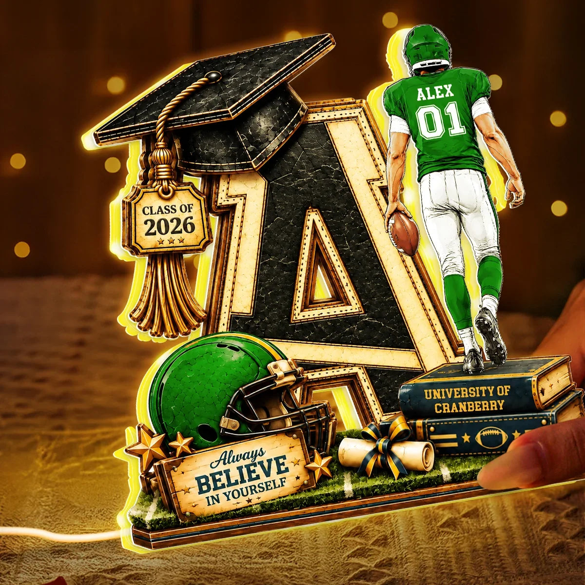 Personalized Acrylic Light Box, Football Graduate Walking with a Ball, Creative Gift for Son or Grandson