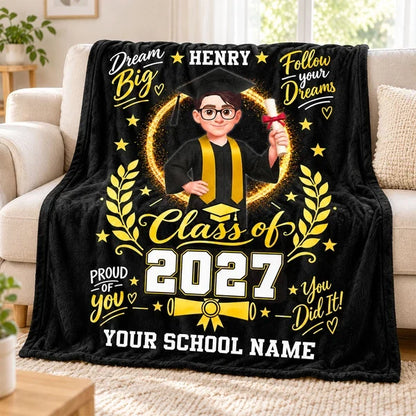Personalized Dream Big Fleece Blanket, Graduate in Cap and Gown, Heartfelt Creative Gift for Daughter or Granddaughter
