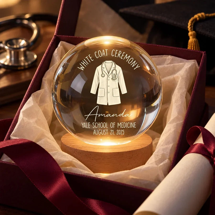 Personalized Globe Lamp with White Coat Illustration, Warm Amber Keepsake, Unique Gift for Future Doctor