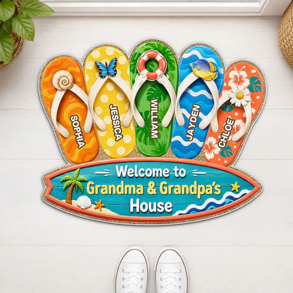Personalized Shaped Doormat, Summer Flip Flop Welcome Unique Gift for Grandma & Grandpa's House