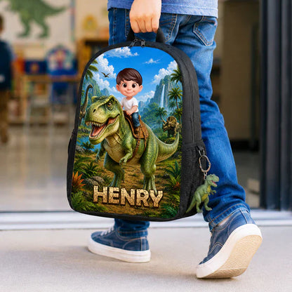 Personalized Kids School Backpack, Child Riding T-Rex Jungle Art, Unique Gift for Boys & Girls