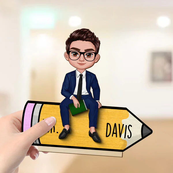 Personalized 2-Layer Wooden Plaque, Cartoon Teacher On Pencil, Unique Gift For Classroom Desk