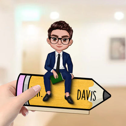 Personalized 2-Layer Wooden Plaque, Cartoon Teacher On Pencil, Unique Gift For Classroom Desk