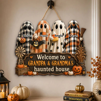 Personalized Wooden Sign with Cute Ghosts, Farmhouse Halloween Decor, Unique Creative Gift for Grandparents