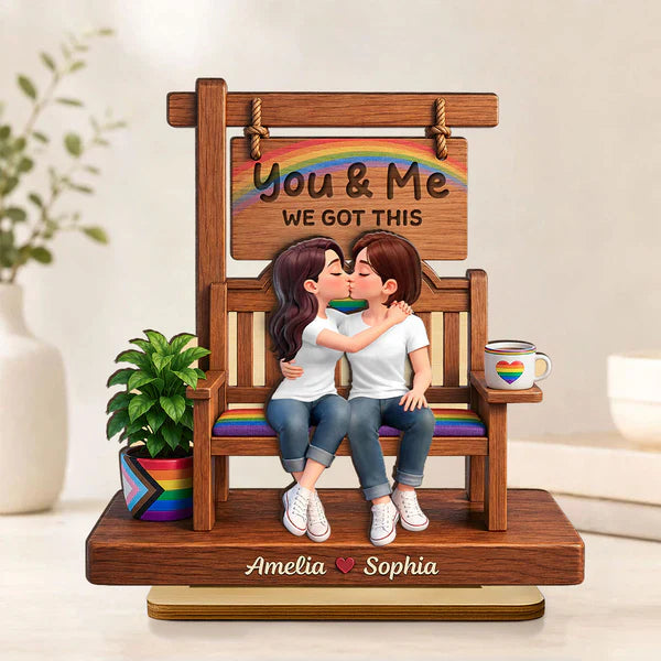 Personalized 2-Layer Wooden Plaque with Kissing Pride Couple, Unique Creative Gift for LGBTQ Couple