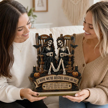 Personalized 2-Layer Wooden Plaque, Seated Skeleton Besties Holding Mugs, Unique Gift for Close Friend