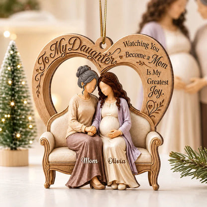 Personalized Wooden Ornament, Mother and Pregnant Daughter Holding Hands, Unique Gift for Expecting Mom