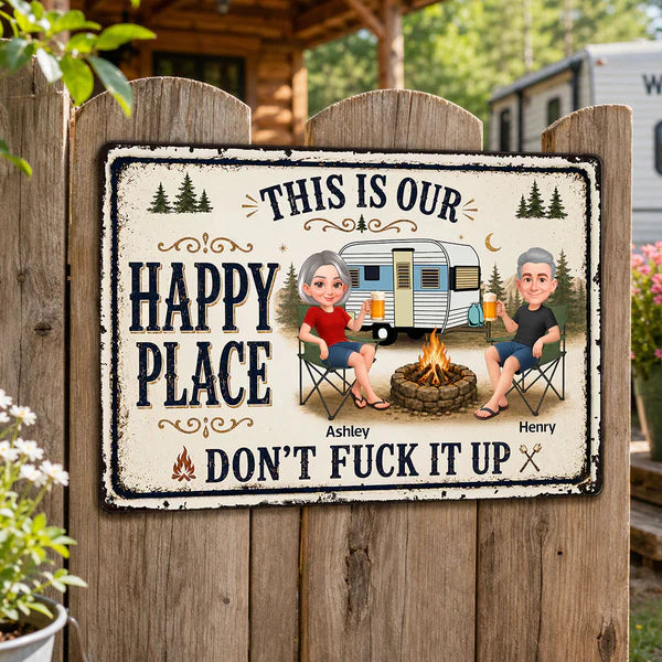 Personalized Rectangular Iron Sign, Sitting Camping Couple By Campfire, Creative Gift For Campers