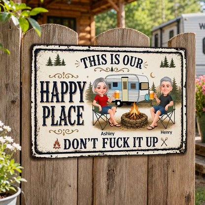 Personalized Rectangular Iron Sign, Sitting Camping Couple By Campfire, Creative Gift For Campers