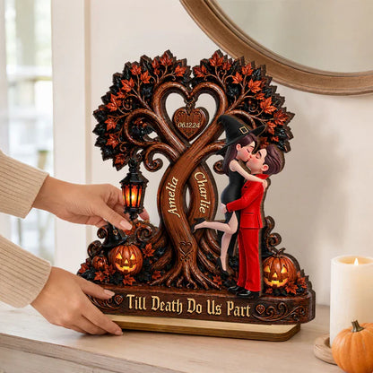 Personalized 2-Layer Wooden Plaque, Kissing Couple Under Halloween Tree, Unique Gift for Couple