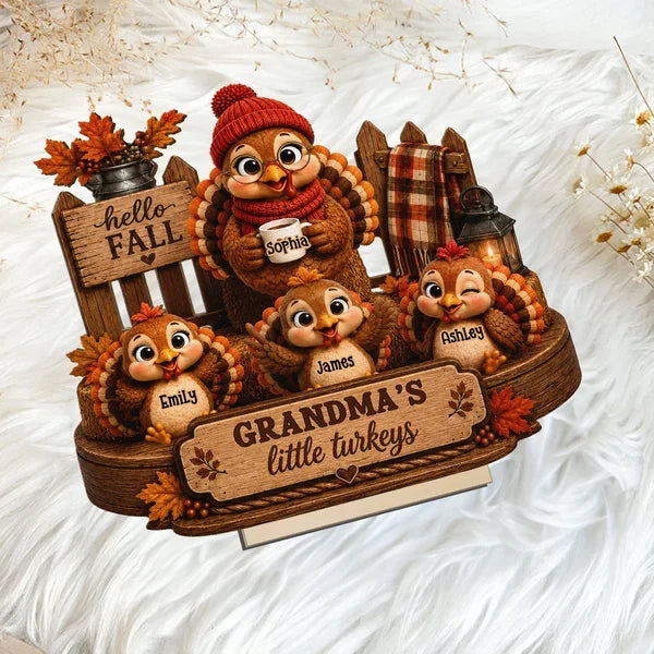 Personalized Wooden Plaque, Grandma Turkey Holding a Mug in a Hello Fall Scene, Unique Gift for Grandma
