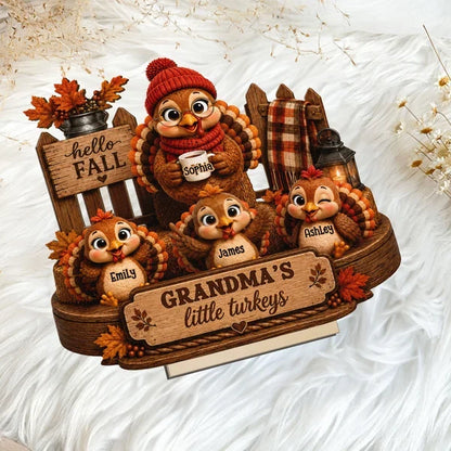 Personalized Wooden Plaque, Grandma Turkey Holding a Mug in a Hello Fall Scene, Unique Gift for Grandma